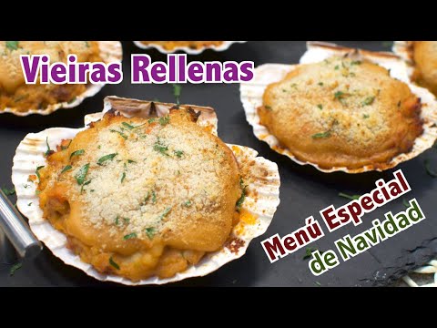 Receta de vieiras rellenas de merluza y gambas